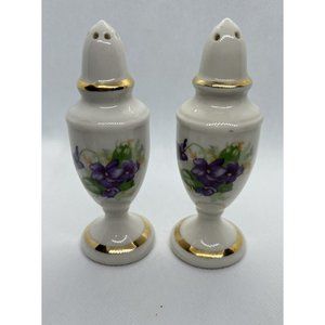 Salt and Pepper Shakers Porcelain With Gold Trim Violets Flower‎